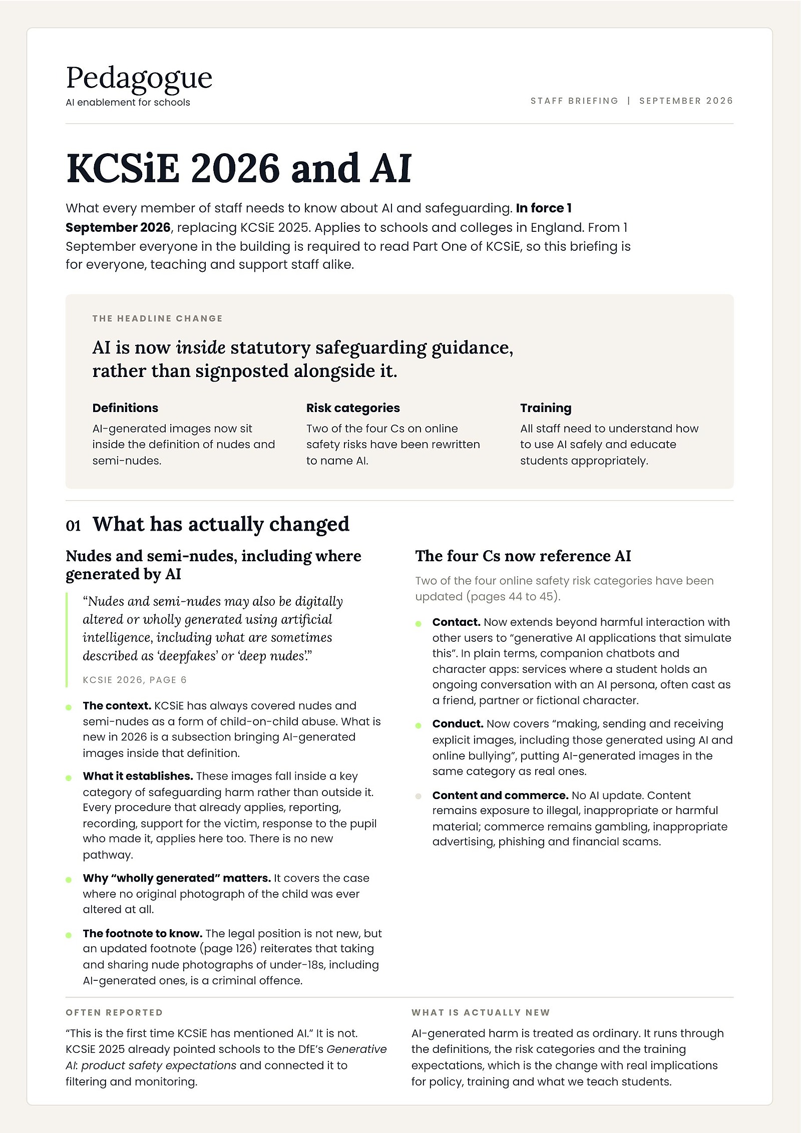 Cover of the two-page KCSiE 2026 and AI summary
